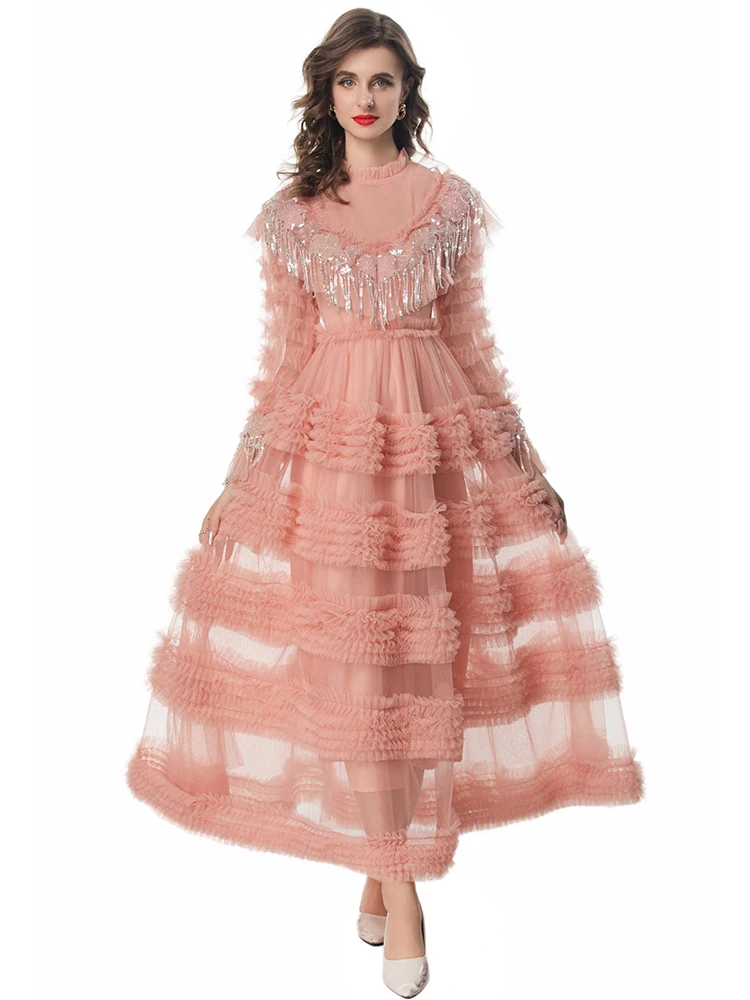 Женское длинное Сетчатое платье Seasixiang дизайнерское бальное с круглым вырезом