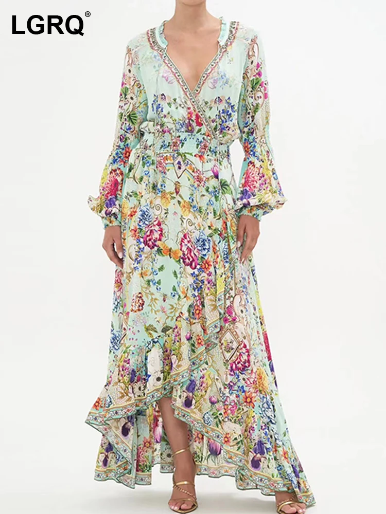 

Женское асимметричное платье с оборками, V-образным вырезом и длинным рукавом