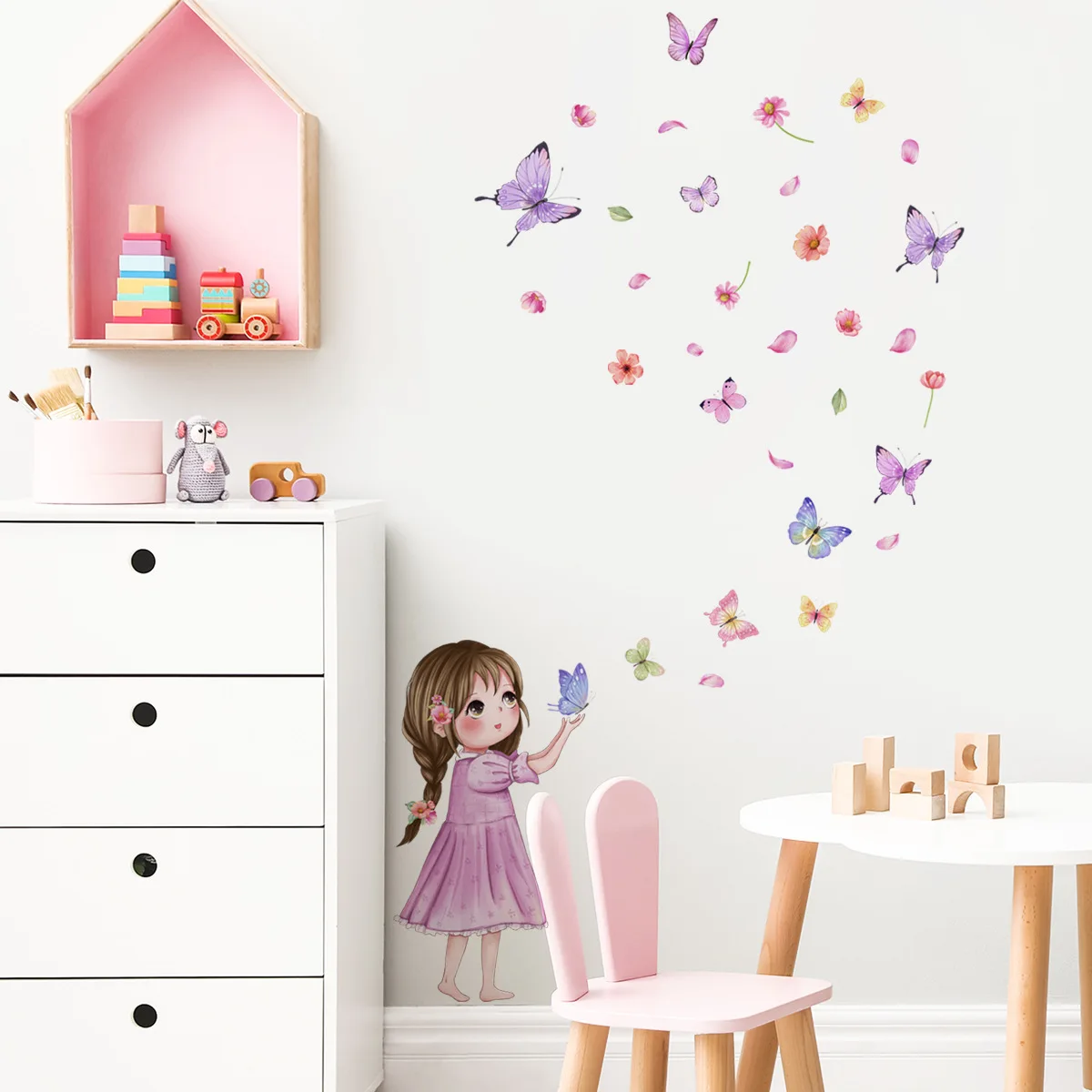 30*40cm Flower Little Girl Color Butterfly Cartoon Cute Wall Sticker Background Wall Living Room Decoration Mural Wall Sticker images - 1