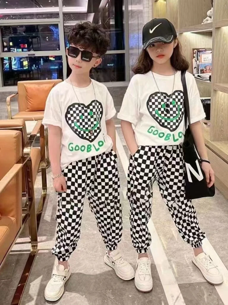 

2023 Teenage Summer Girls Boys Sets T-shirt Top + Pants Kids Tracksuits For Baby Children Streetwear Cotton Clothes 4-14Years