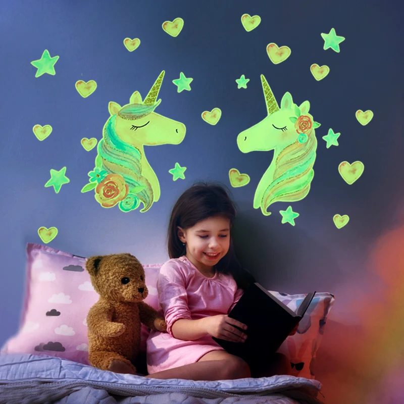 

Cartoon Unicorn Wall Sticker Luminous Sticker Glow In The Dark Children's Room Decoration Kids Gift Unicorn Party Supplies