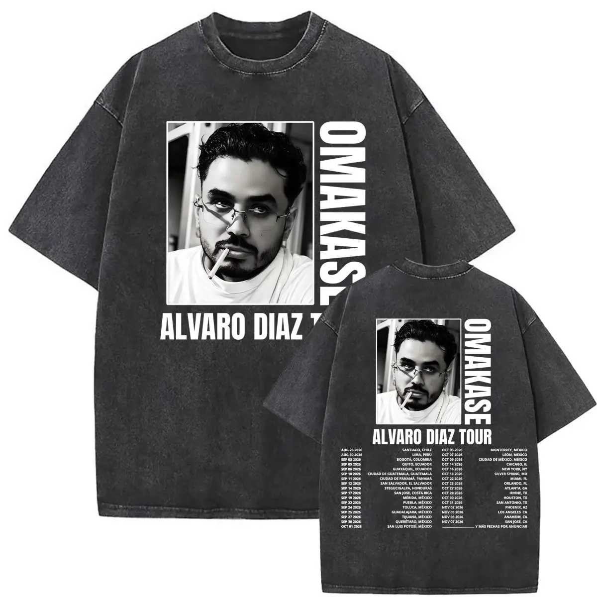 Фото Винтажная футболка с эффектом потертости Omakase Alvaro Diaz Tour Concert, мужская одежда, классические футболки в стиле Харадзюку, хлопковые повседневные футболки оверсайз. №4
