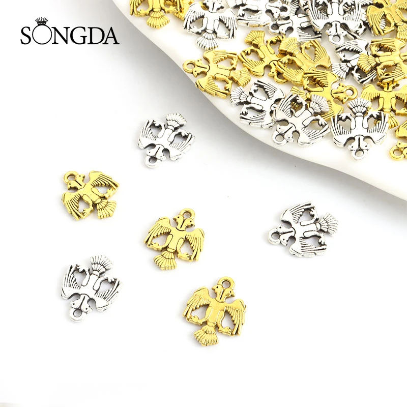 

30pcs Russian Double Headed Eagle Sign Charms Antique Silver/Gold Color Cartoon Animal Alloy Pendant Making DIY Handmade Jewelry