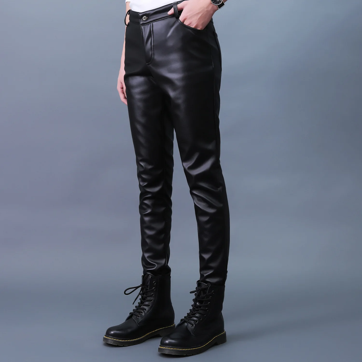 Облегающие кожаные брюки для мужчин на весну и осень плотные эластичные