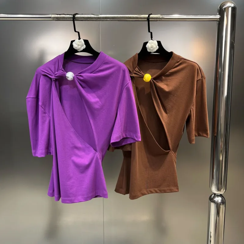 

BORVEMAYS Асимметричный вырез плиссированная футболка стрейч простой темпераментный короткий рукав летний топ для женщин WZ1700