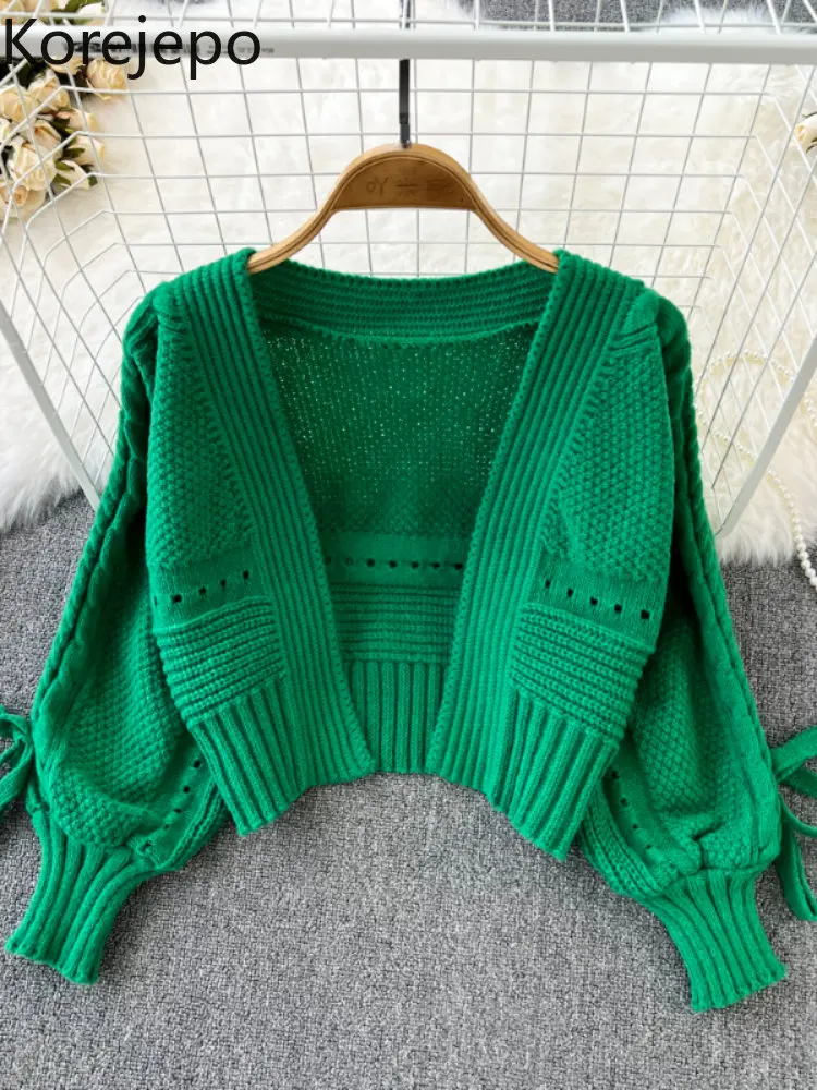 

Винтажный женский кардиган кореjepo с V-образным вырезом, Осень-зима, вязаный кружевной свитер с рукавами-фонариками, топ 2022, Свитера с высокой...