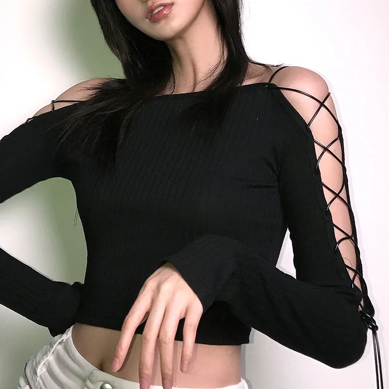 Goth Dark Gothic Bandage Women Off Shoulder Long Sleeve Black T-shirts Crop Tops Knitted Bodycon Casual Patchwork Autumn T-shirt