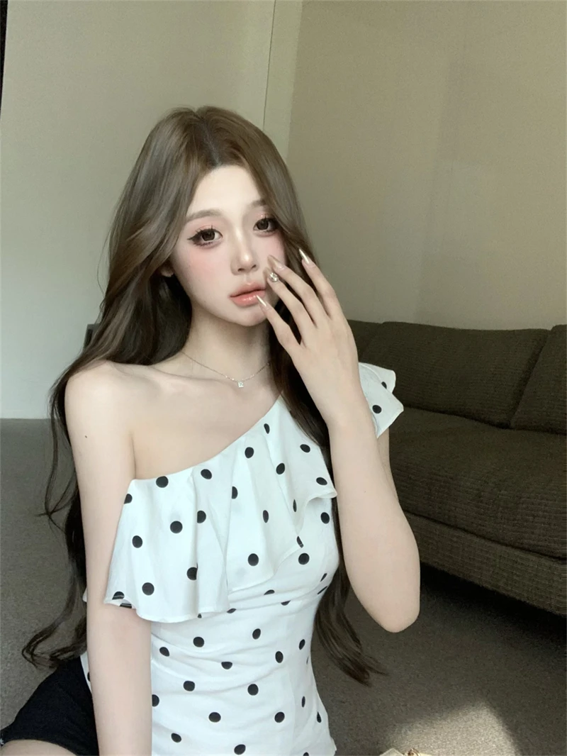 Женская одежда 2025 года женские белые топы в горошек с оборками во французском