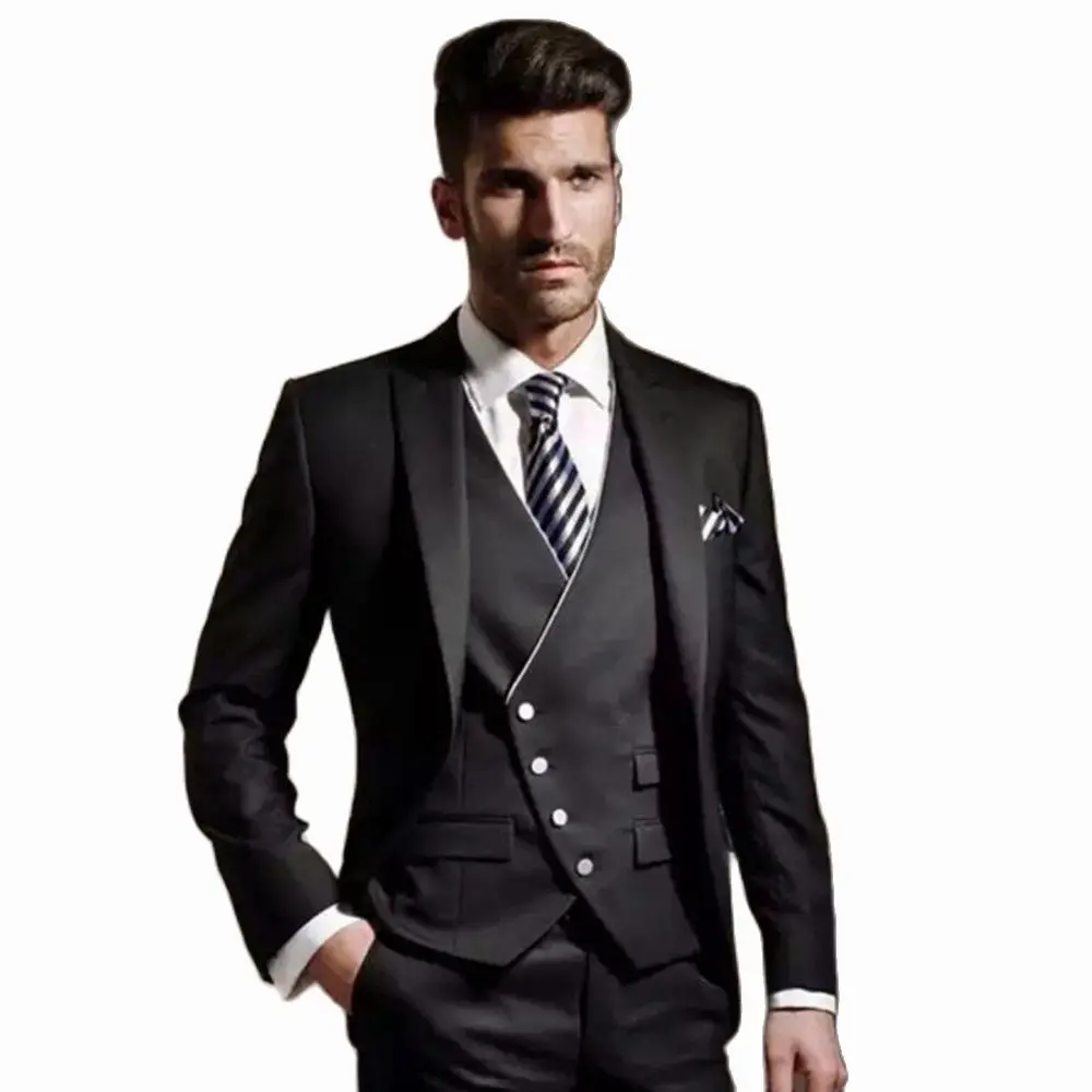 2022 New Groomsmen Suit Black Lapel Groom Tuxedos Men Suits for Wedding Best Man Jacket Pants Vest 3 Pieces Terno Masculino