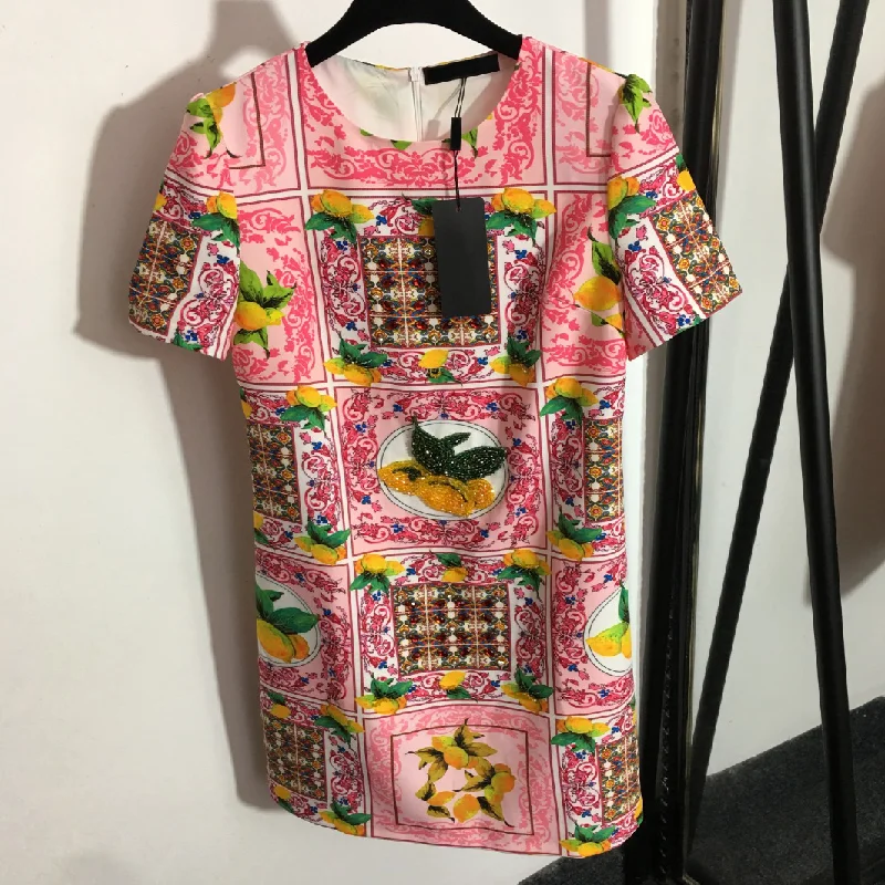 

2022 new women's dress fashion nail bead lemon print women's dress high quality round neck short sleeve elegant women's dress