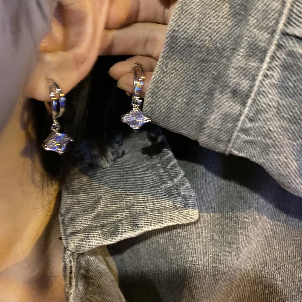 

Silver Needle Zircon Square Semicircular Earrings Korean Cool Style Design Sense Personalized Net Red Ins Versatile