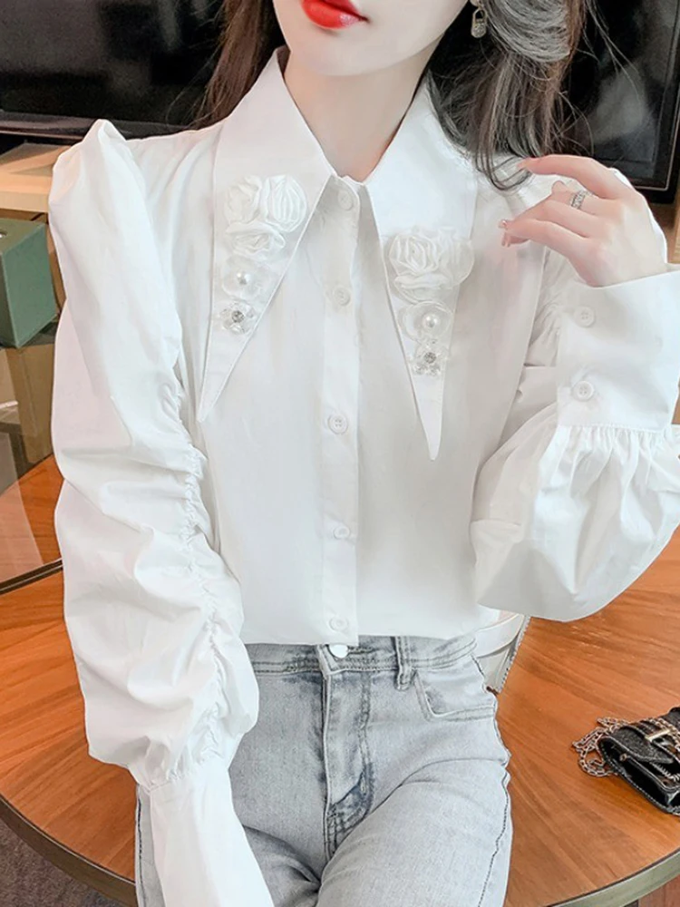 

Белая женская рубашка из хлопка 100% блузка 2022 элегантная Весенняя Базовая Блузка с воротником из бисера Красивая винтажная блузка с длинным ...