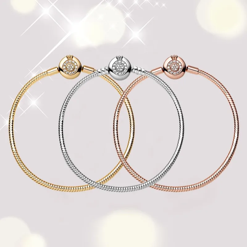 

Hot Sale 100% 925 Sterling Silver Bracelet For Women Fit Original Pan Charm Chain Snake Bracelet Crown Style Classic Diy Jewelry