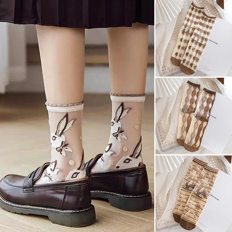 Novelty Crystal Silk Socks Girls Summer Ultra-thin Transparent Glass Silk Sock Cartoon Print Harajuku Kawaii Cute Long Socks New