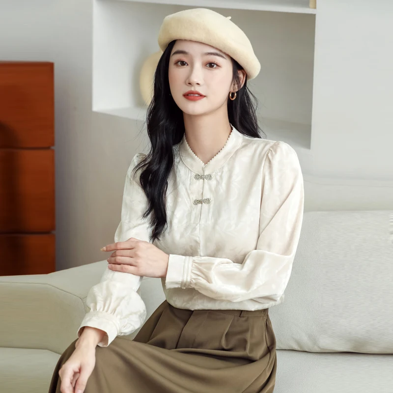 2022 китайский стиль Улучшенная пластина Кнопка Длинный Рукав Рубашка Женский