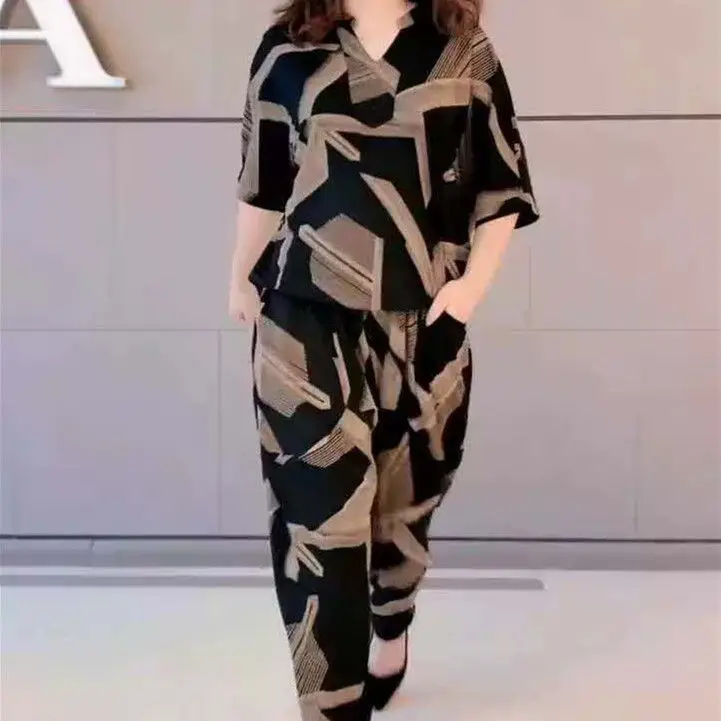 Casual Fashion Geometric Letter Printing Pant Sets Summer 2022 Short Sleeve V-neck T-shirt Wide Leg Pants Slim Women's Clothing