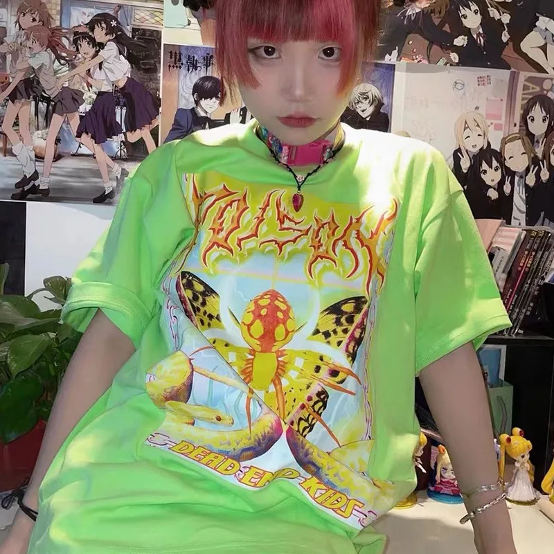 Фото Karrcat Y2k Эстетическая футболка 2000s Harajuku E-girls, футболка с коротким рукавом, металлические Топы в стиле интернет-шик, в стиле панк, торговый центр... №5