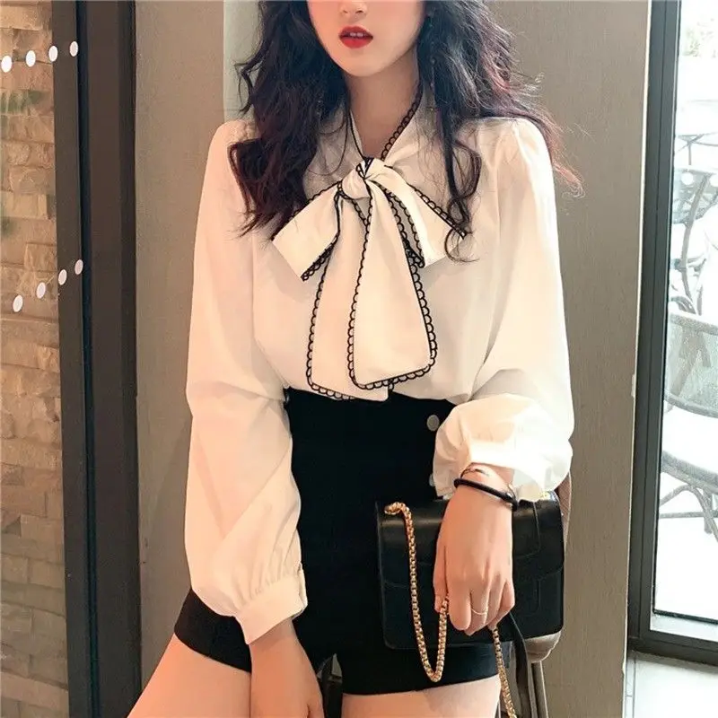 

Vintage Bow Lacing Lantern Sleeve Top Tees Spring New Solid Color Loose Shirts Fashion Elegant Women Clothing