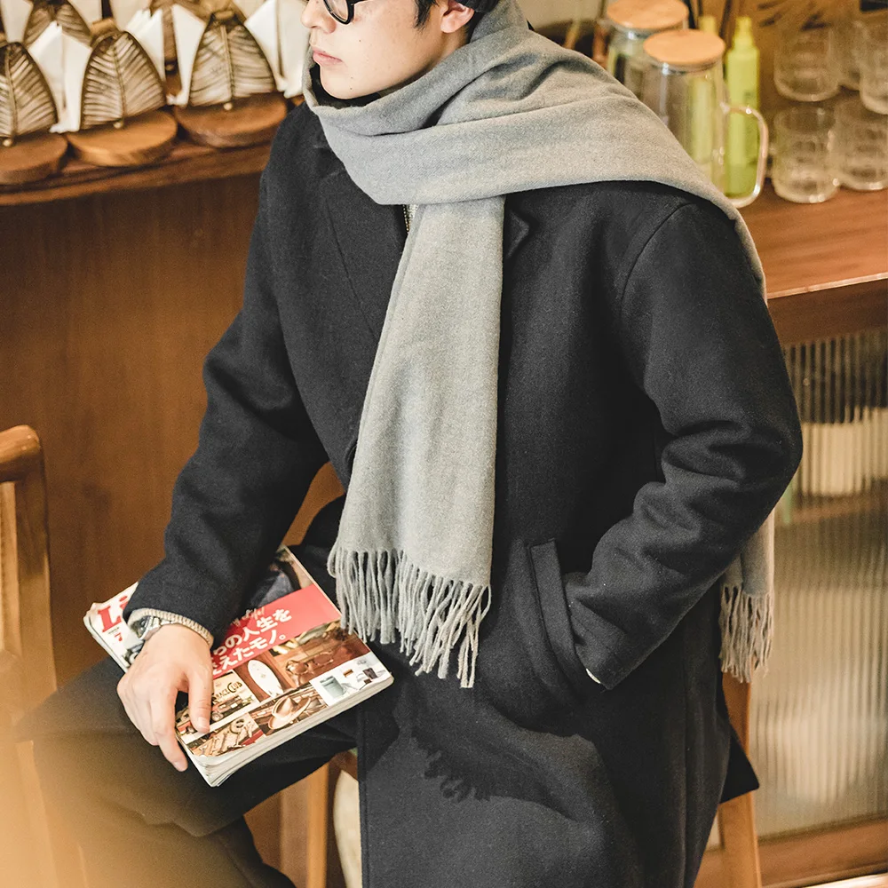 Maden Мужское ретро черное пальто из плотной шерстяной фланели Утепленное