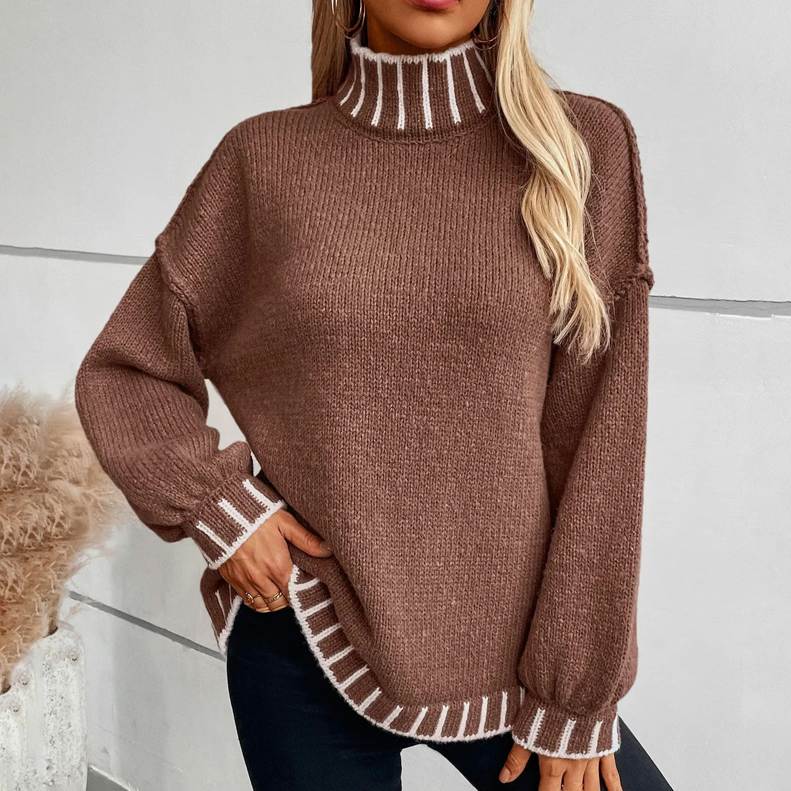 Полосатый пуловер с высокой горловиной свободный женский свитер ложным