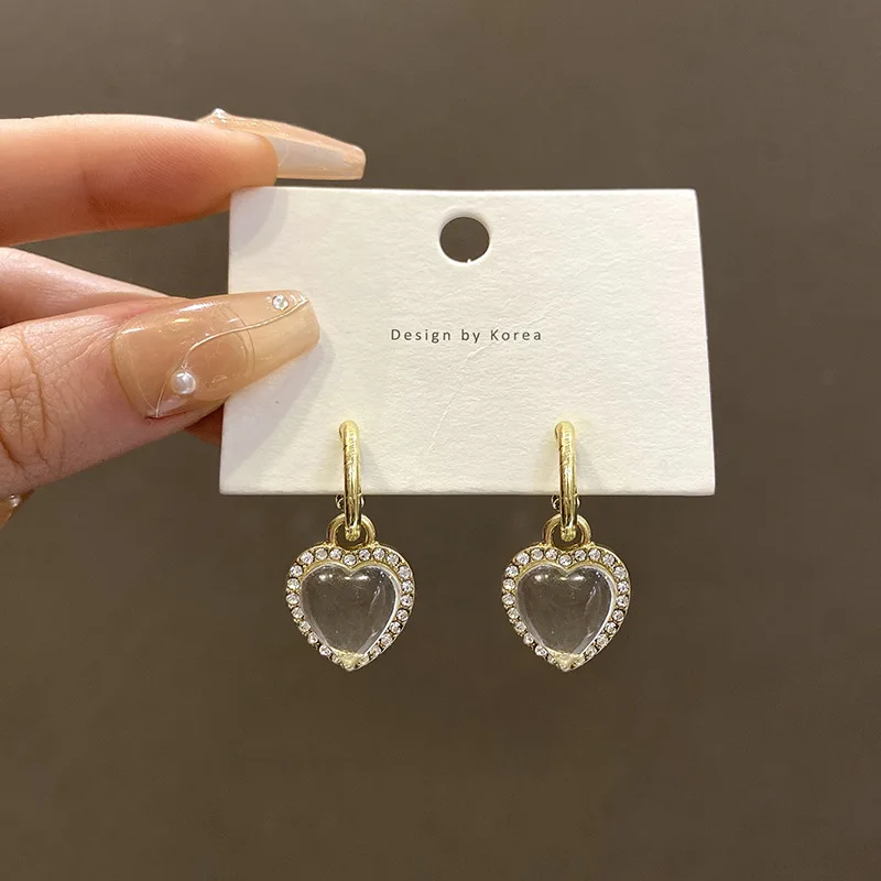 Retro Heart Shape Earrings For Women S925 Silver Needle Transparent Metal Studs Niche Design Full Of Diamond Luxury Earings