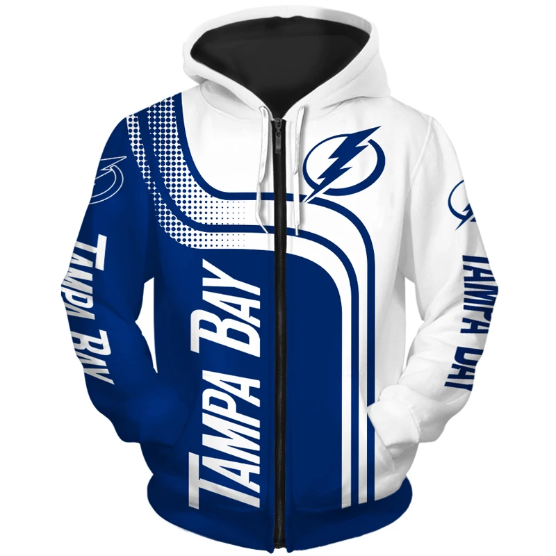 

Tampa Bay men's Fashion Long Sleeve 3D Lightning Zip Hoodies Fun Graffiti Letters Blue Lightning Print Sweatshirt
