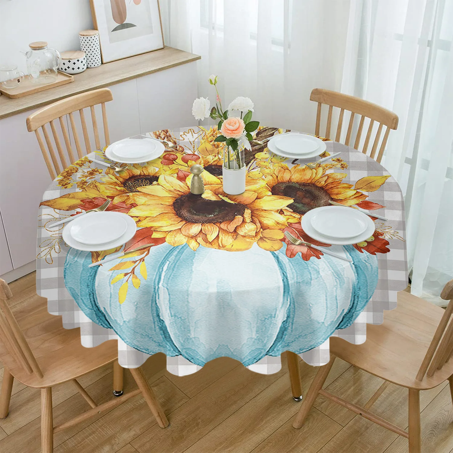 

Autumn Plaid Watercolor Pumpkin Round Tablecloth Party Kitchen Dinner Table Cover Holiday Decor Tablecloths Coffee Picnic Mat