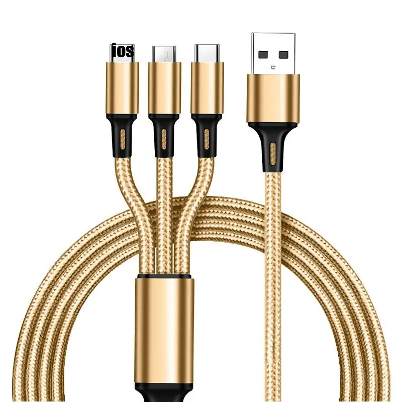

3-in-1 Data Cable Mobile Phone Charging Cable Copper Core 1.2m Nylon Braided Cord Anti-Stretch Multi-Port 2A Fast Charge Line