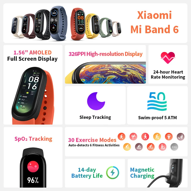 Браслет Xiaomi Mi Band 6 intelligent 5 цветов экран AMOLED mi band браслет с оксигентом |