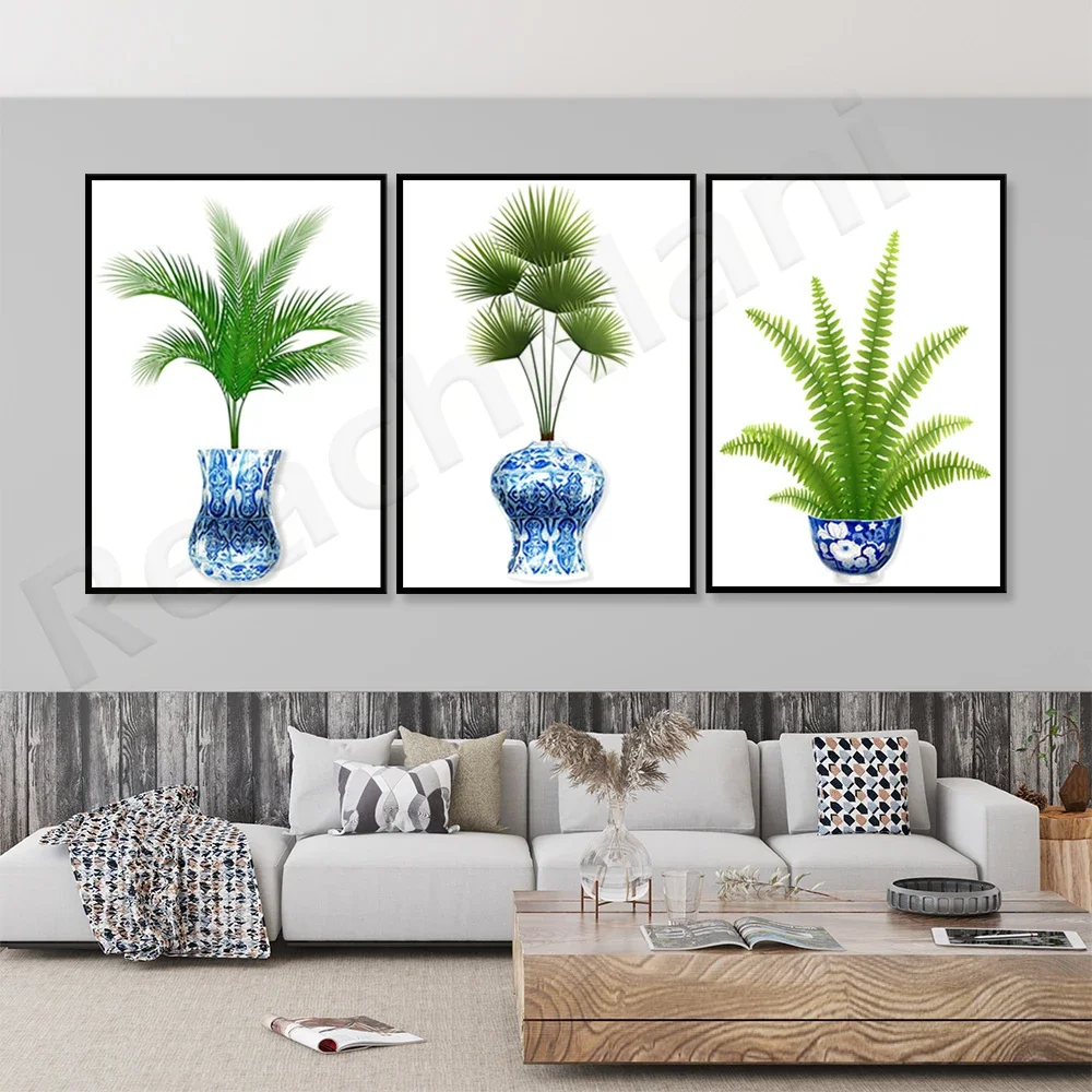 Синие горшки в китайском стиле и принты тропических растений синие вазы