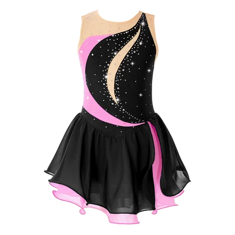 Шифоновое платье без рукавов для фигурного катания для девочек, блестящее женское платье для балета, костюм для соревнований