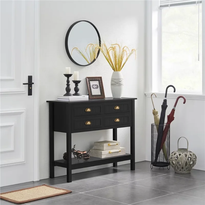 

SMILE MART 4-Drawer Wooden Console Table with an Open Shelf for Entryway, Black hallway console table
