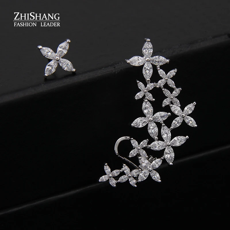 

Asymmetry Brand Luxury Cubic Zircon Flower Ear Cuff Stud Earrings For Women Trendy White Gold Color Leaf fashion Jewelry