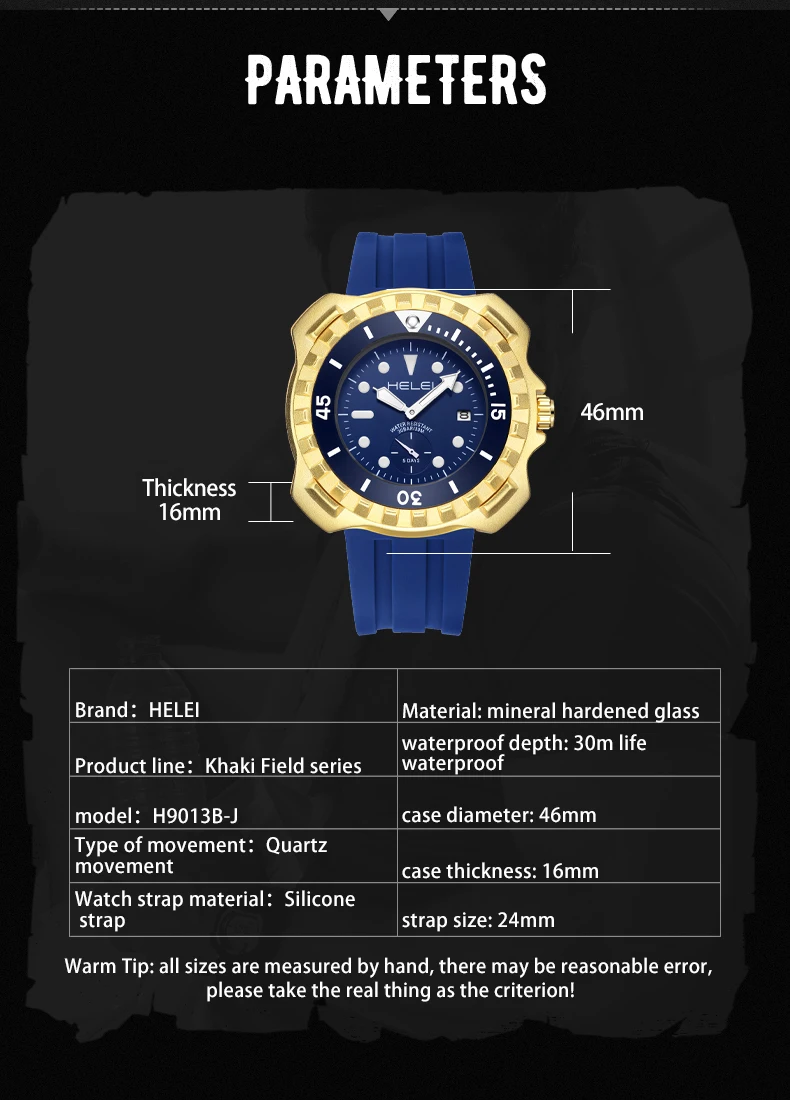 Часы HELEI Мужские кварцевые деловые брендовые Роскошные водонепроницаемые
