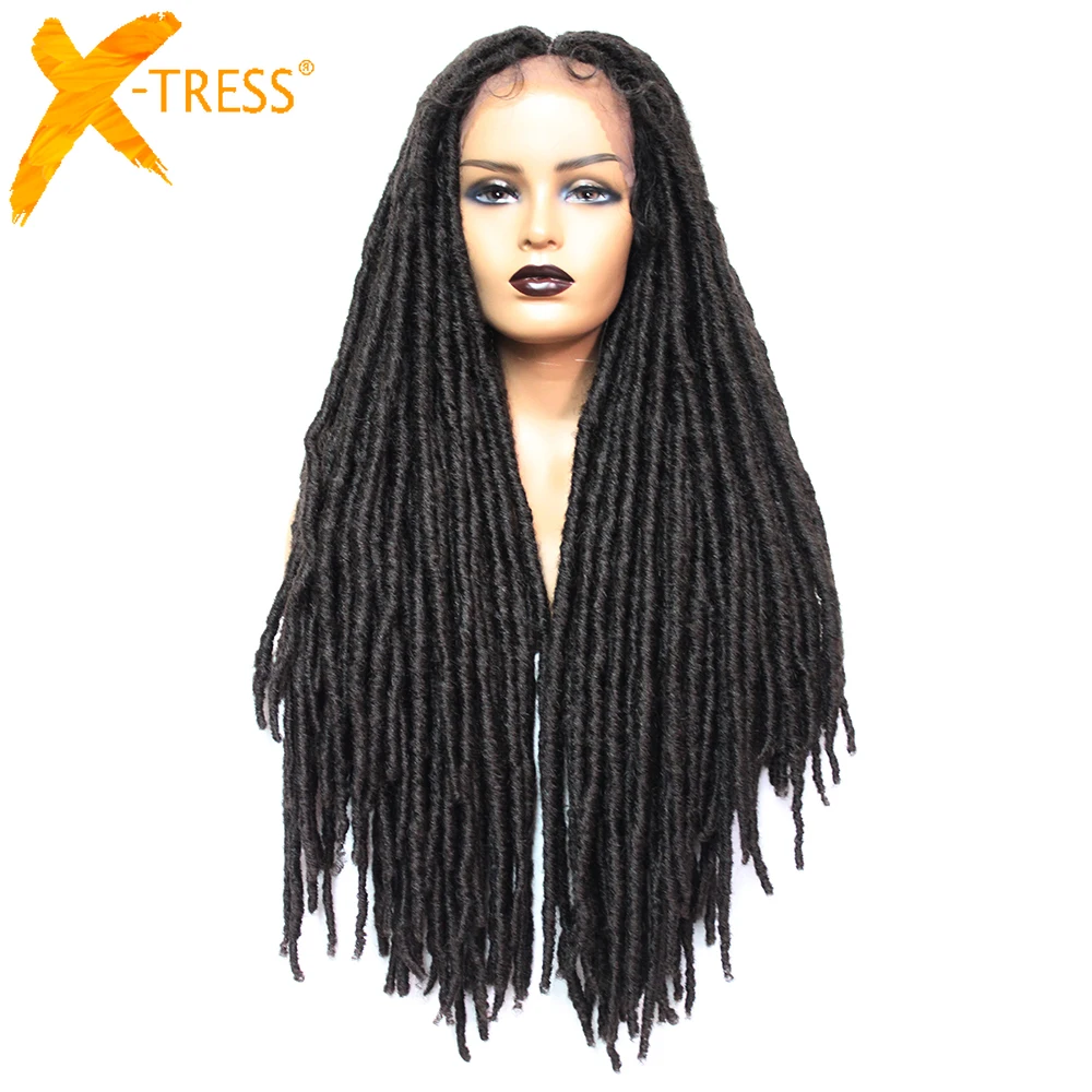 X-TRESS Dreadlock Synthetic Hair Wigs For Black Women Faux Locs Crochet Braid Long Hairstyle Black Brown Colored Part Lace Wig