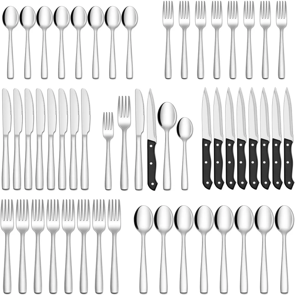 

48PCS Stainless Steel Tableware Cutlery Set Silverware Steak Kitchen Knives Spoon Fork Teaspoons Flatware Utensil Dinnerware