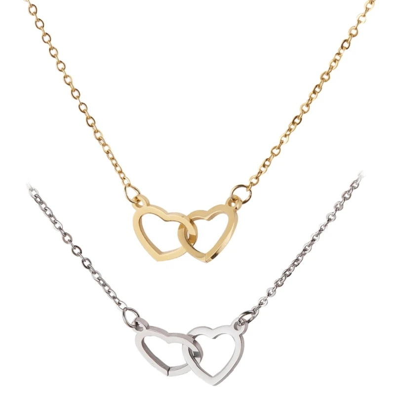 

E0BF Hollow Double Heart Charm Necklace Simple Collar Necklace Party Jewelry