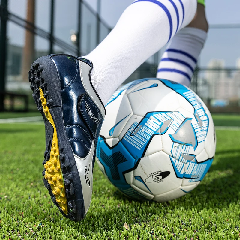 Professional Kids Football Boots Turf Ground Sports Football Boots Gold Blue Boys Girls School Training Football Sneakers