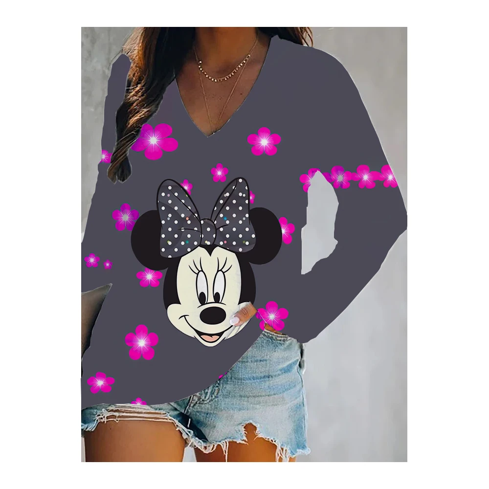 2022 Mickey Minnie cartoon spring and summer casual long-sleeved pullover retro deep V-neck T-shirt street style