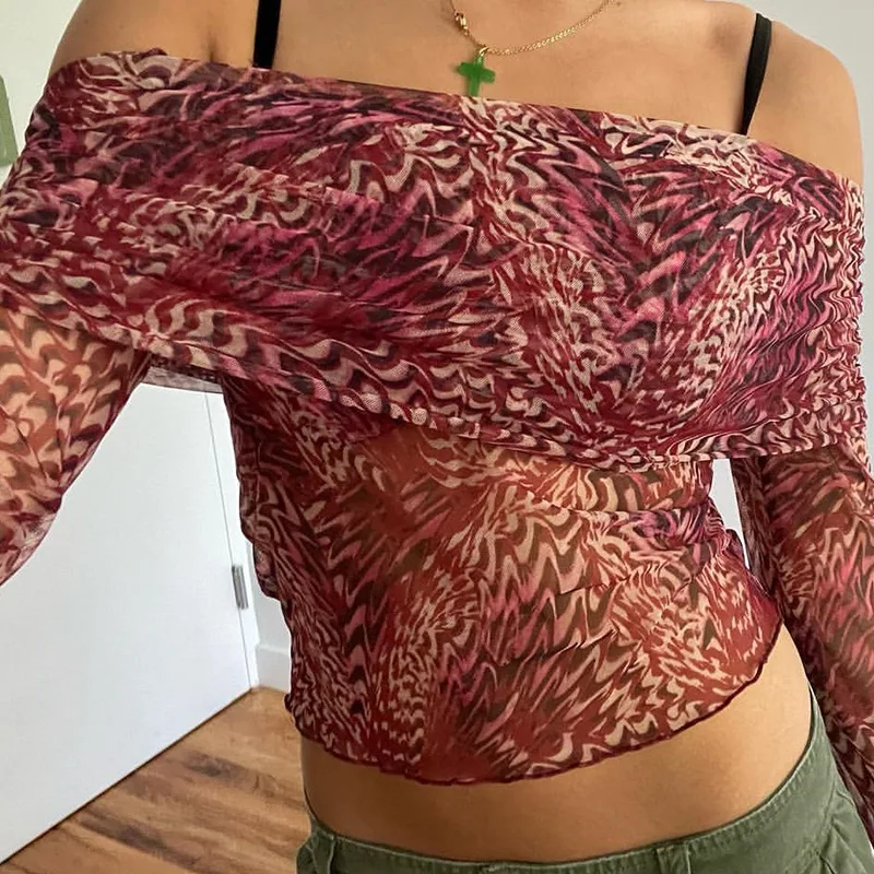

Women's Sexy Floral Mesh See-Through Elegant Long Sleeve T-Shirt Top Summer Fashion Skinny Off Shoulder Cropped Goth Streetwear