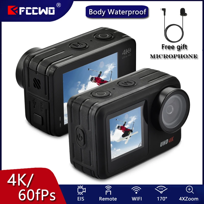 

FCCWO NEW Action Camera 4K 60FPS 20MP Body Waterproof 5-40M EIS WiFi Anti-shake Sport Cam Underwater Video Touch LCD Webcam