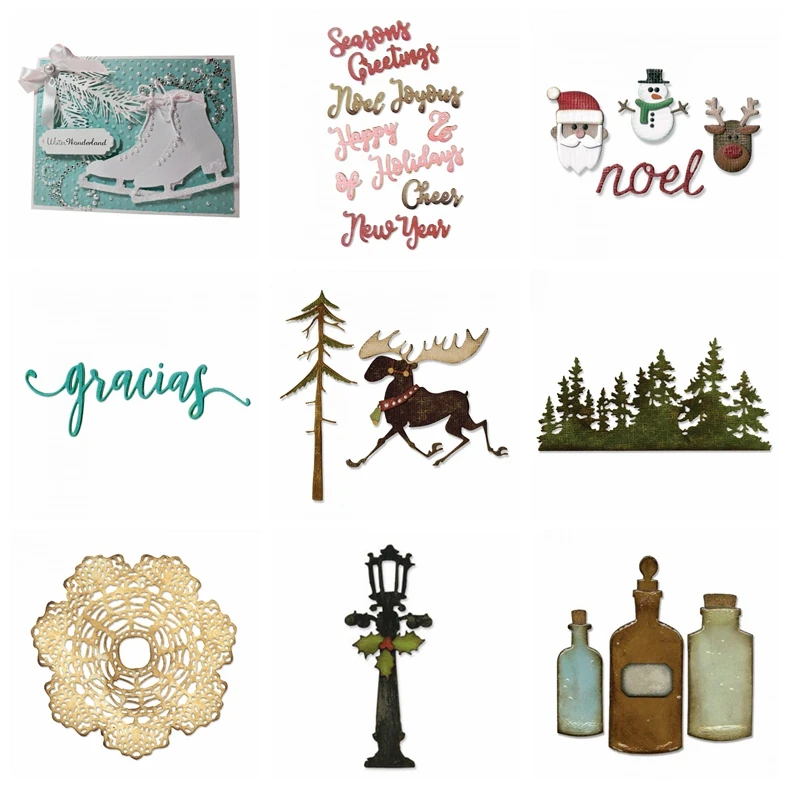 

Shoes Letters Seasons Greetings Merry Christmas Trees Buildings Metal Cutting Die Handicraft Stencil Card Photo Making New 2022