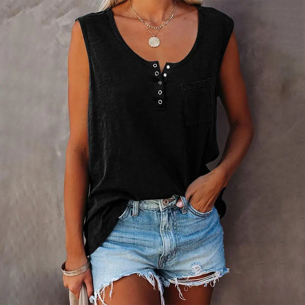 

Summer Women Tank Top Sleeveless Vest Button Closure Breast Pocket Solid Color Casual Camisole Streetwear