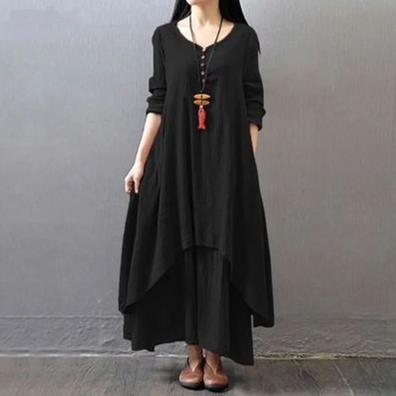 2023 New Casual  Elegant Cotton Linen Dresses Women's Summer Fake Two-piece Loose Long Sleeve Robe Club Outfits