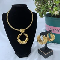 dubai gold color jewelry set rose pattern hoop earrings and necklace weddings african jewelry set nigerian accessories gifts