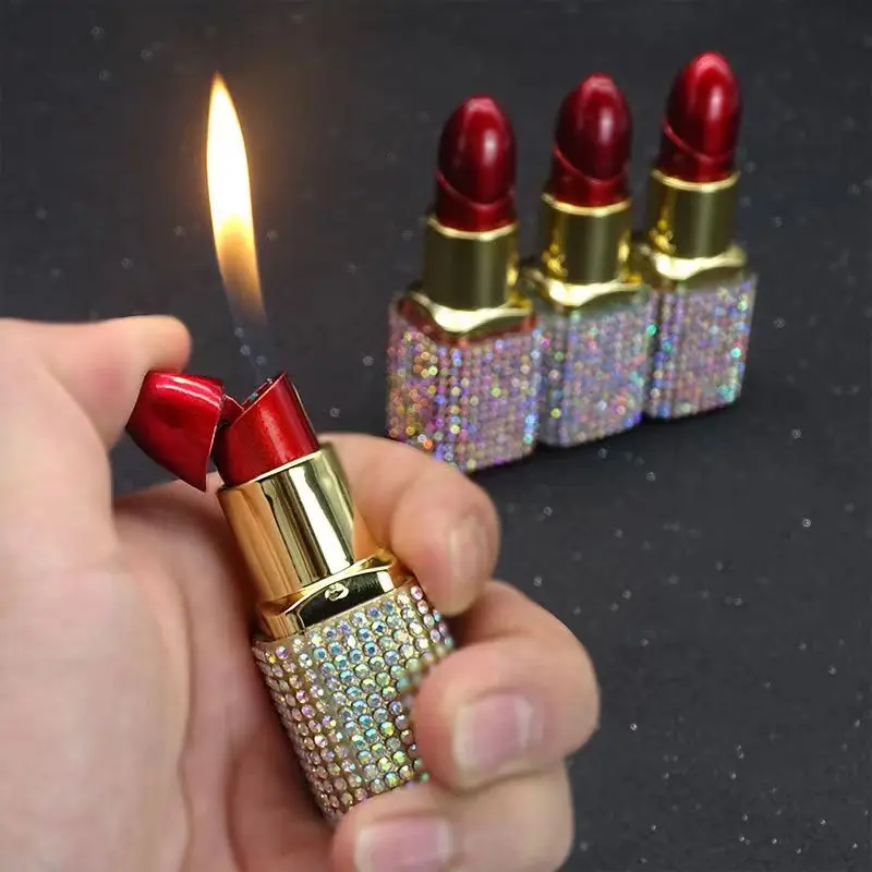 

Butane Lighter Creative Lipstick Shape Hand-colored Rhinestone Open Fire Lighter Cigarette Lighter Accessories Small Gift