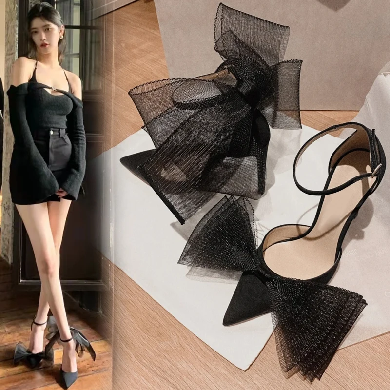 

Clear Heels Comfort Shoes for Women Shallow Mouth Female Sandal Pointed Girls High Beige Fashion Bow Stiletto Scandals Pumps PU