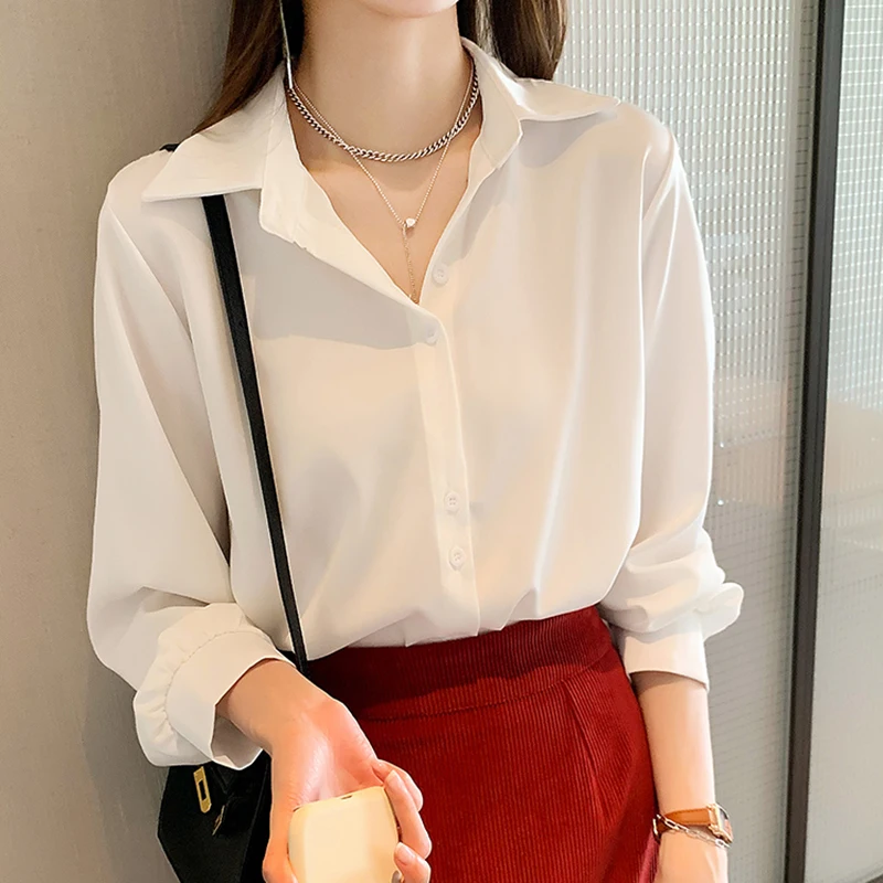 

Женская шелковая рубашка с V-образным вырезом, Однотонный женский топ, осень 2022, модная атласная блузка с длинным рукавом, винтажный белый топ на пуговицах