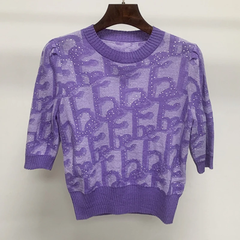 

Spring Purple Knit Puff Half Sleeve Sweater Luxury Brand Pullover Round Neck Jacquard Knitted Casual Sweaters Jumpers 2022