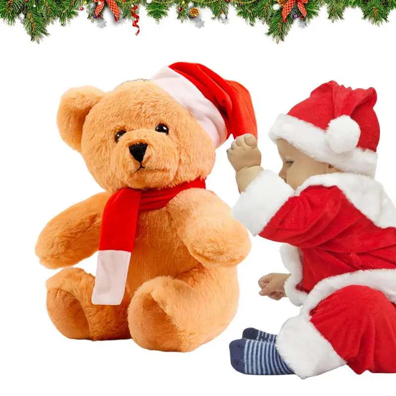 

Рождественский медведь, плюшевые набивные животные, мягкий плюшевый медведь с шапкой Санты и шарфом, очаровательные милые коричневые рождественские набивные животные